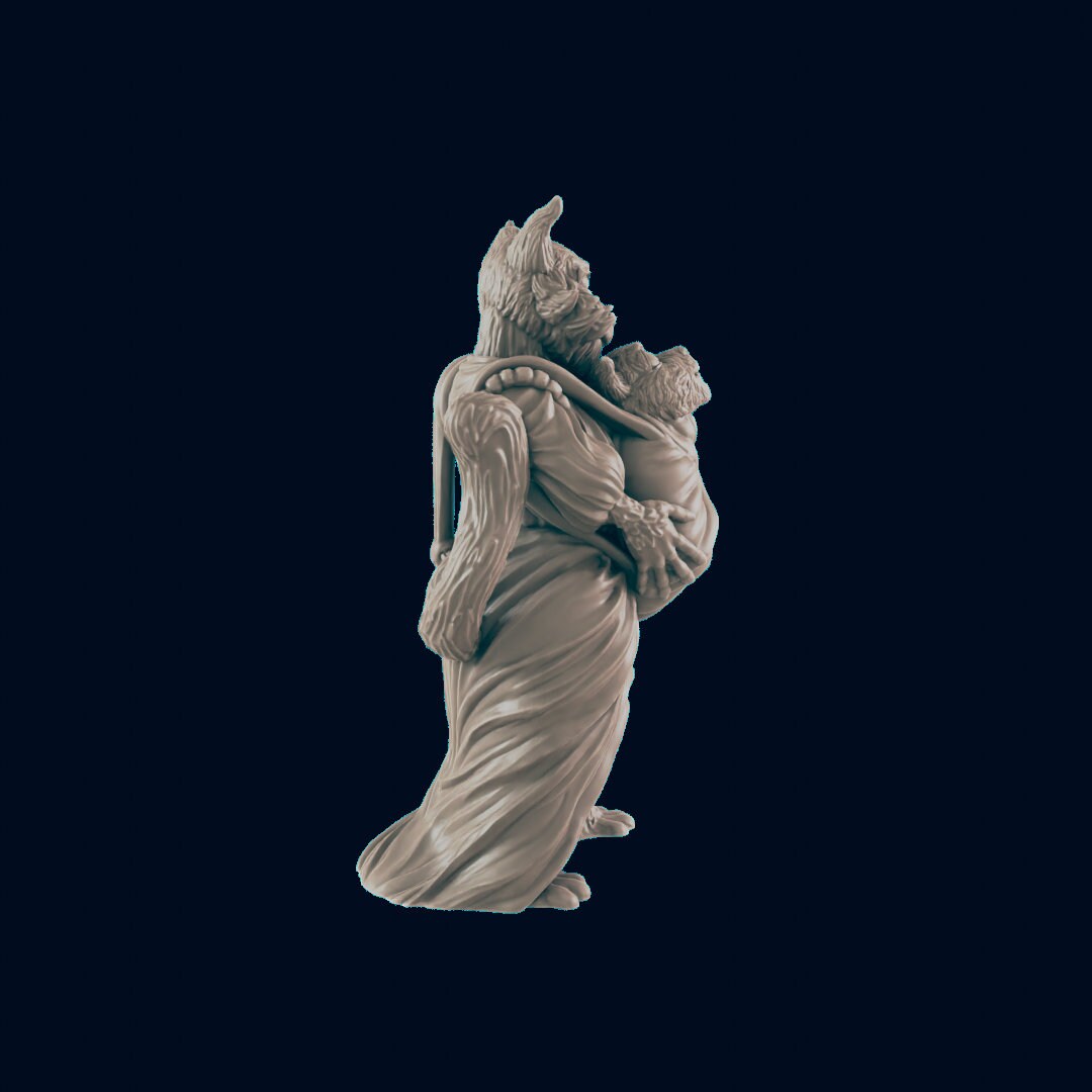 NPC Catfolk Mother and Child - 25mm - 75mm Scale | DnD | EC3D Fantasy Mini | Townsfolk