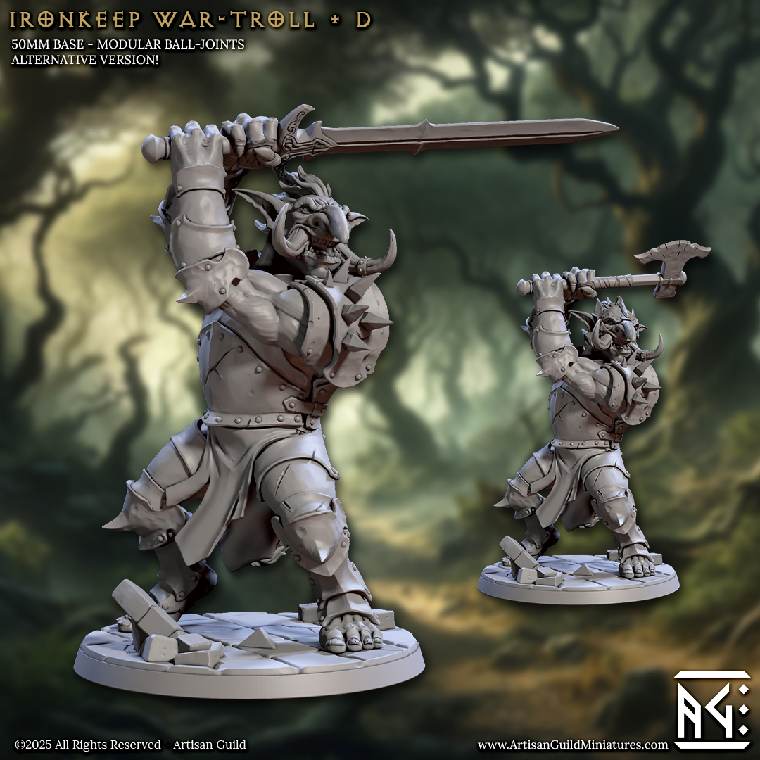 two detailed models of a muscular, armored warrior wielding a sword and shield, set against a forest-like background.