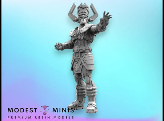 A 3D model of a futuristic-looking character with a large headdress and a robotic-looking body, standing against a blue background.