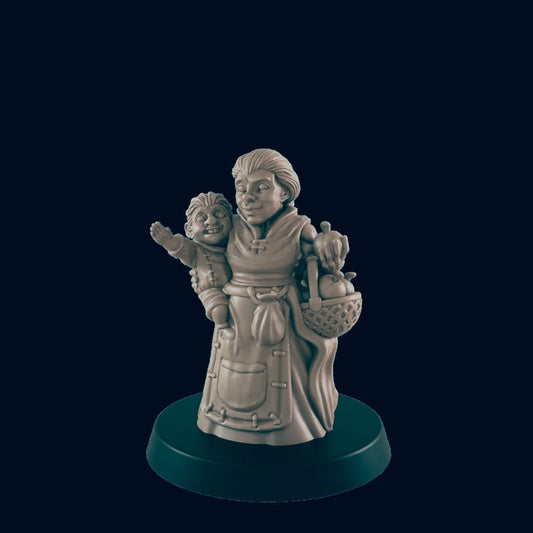 NPC Dwarf Female Mother and Child - 25mm - 75mm Scale | DnD | EC3D Fantasy Mini | Townsfolk