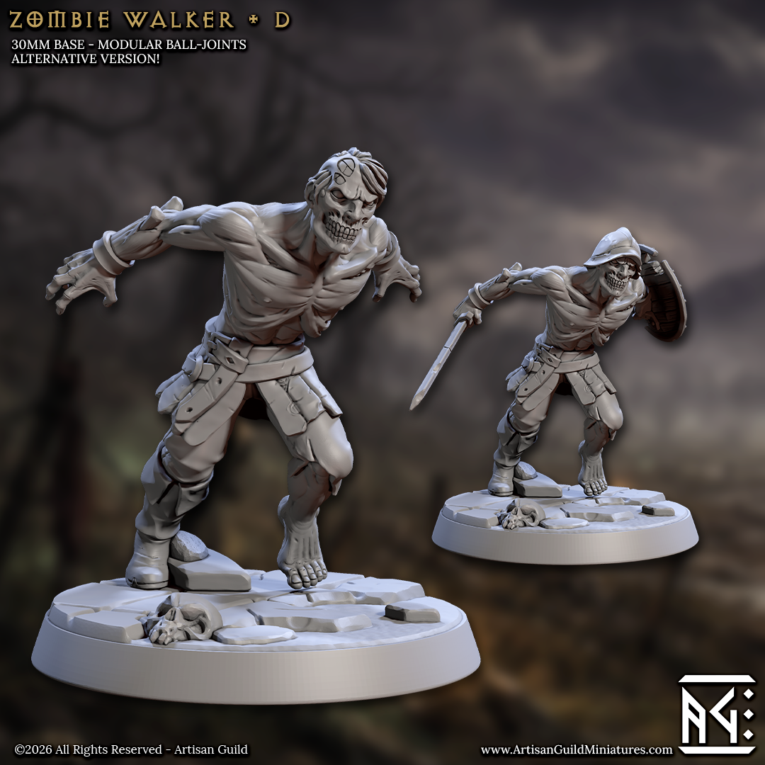 two zombie walker figurines, one standing upright and the other kneeling, both with their arms outstretched and wielding weapons.