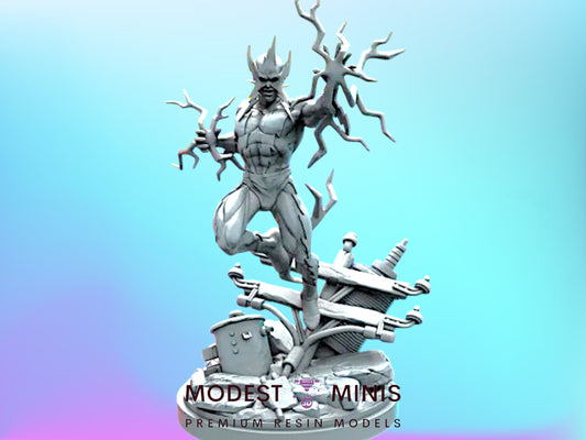 A 3D model of a muscular, battle-ready figure with lightning bolts emanating from its head, standing on a platform with various mechanical and electrical components.