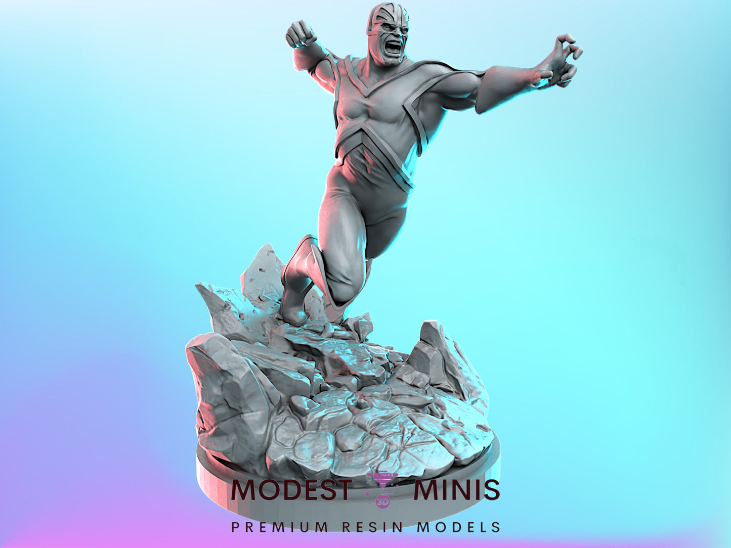 A 3D model of a superhero character in an action pose, standing on a rocky platform and appearing to be in mid-flight.