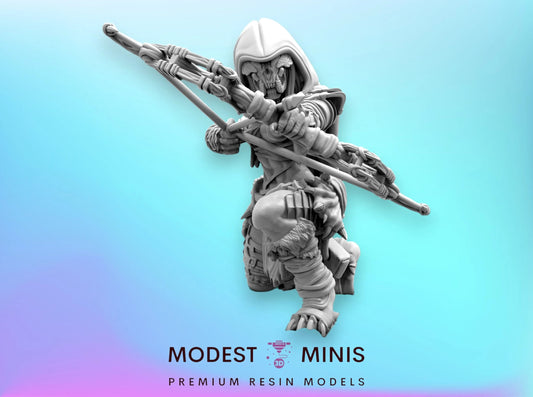 A 3D model of a character holding a bow and arrow, with a hooded appearance.
