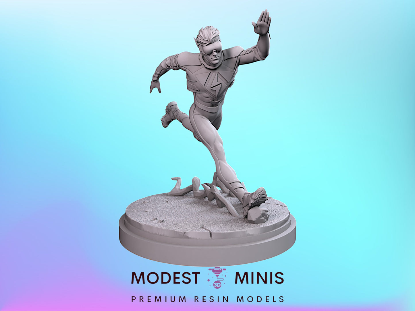 A 3D model of a superhero character in action, wearing a suit and helmet, with a dynamic pose and raised fist.