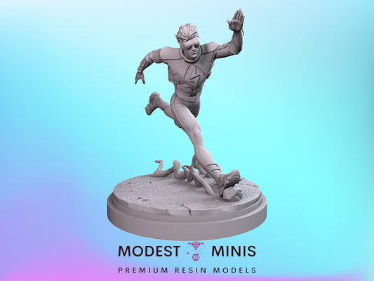 A 3D model of a superhero character in action, wearing a suit and helmet, with a dynamic pose and raised fist.