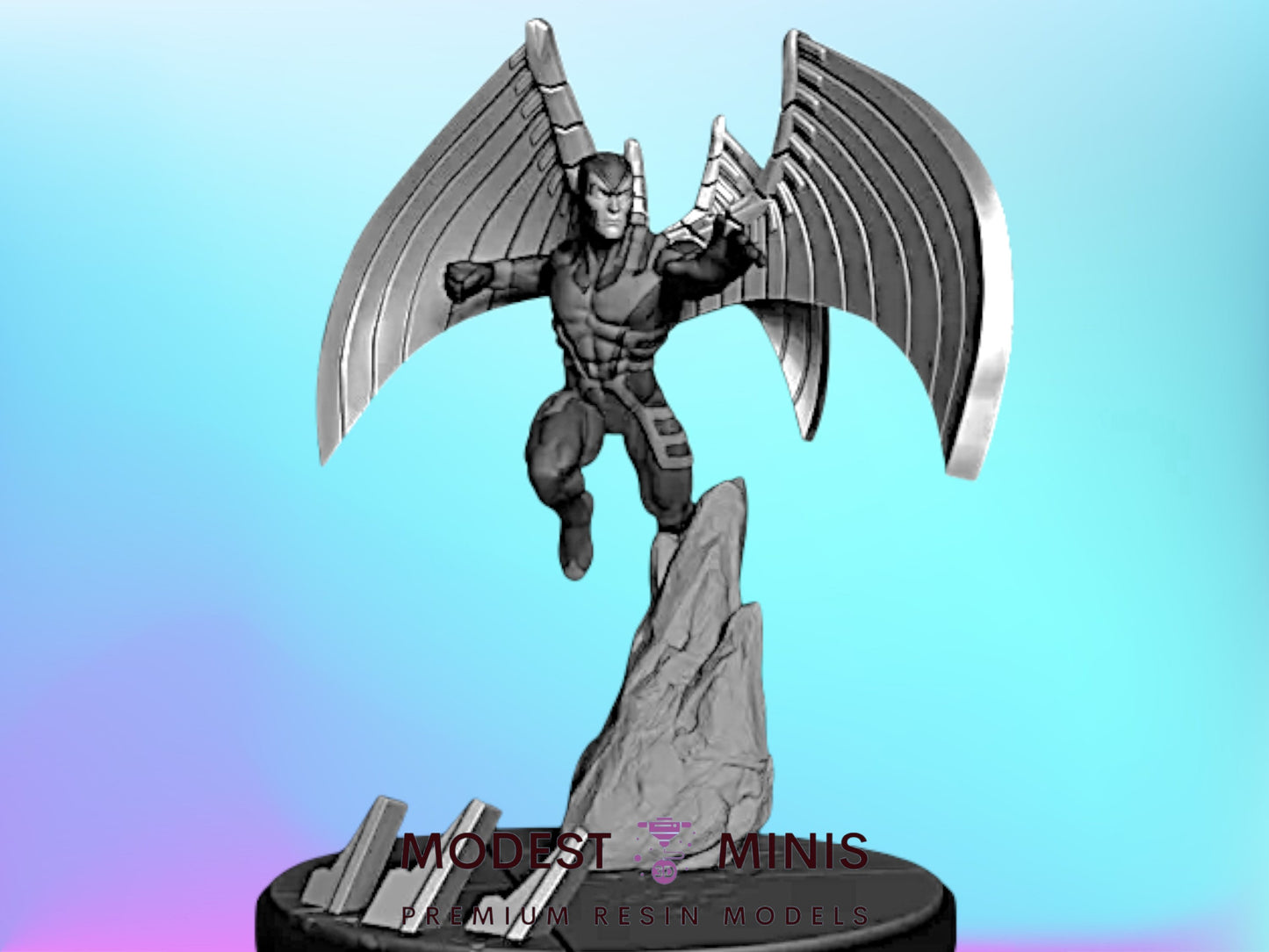 A 3D model of a winged superhero character with large wings, standing on a rock formation against a blue background.