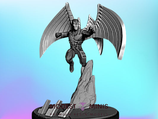 A 3D model of a winged superhero character with large wings, standing on a rock formation against a blue background.