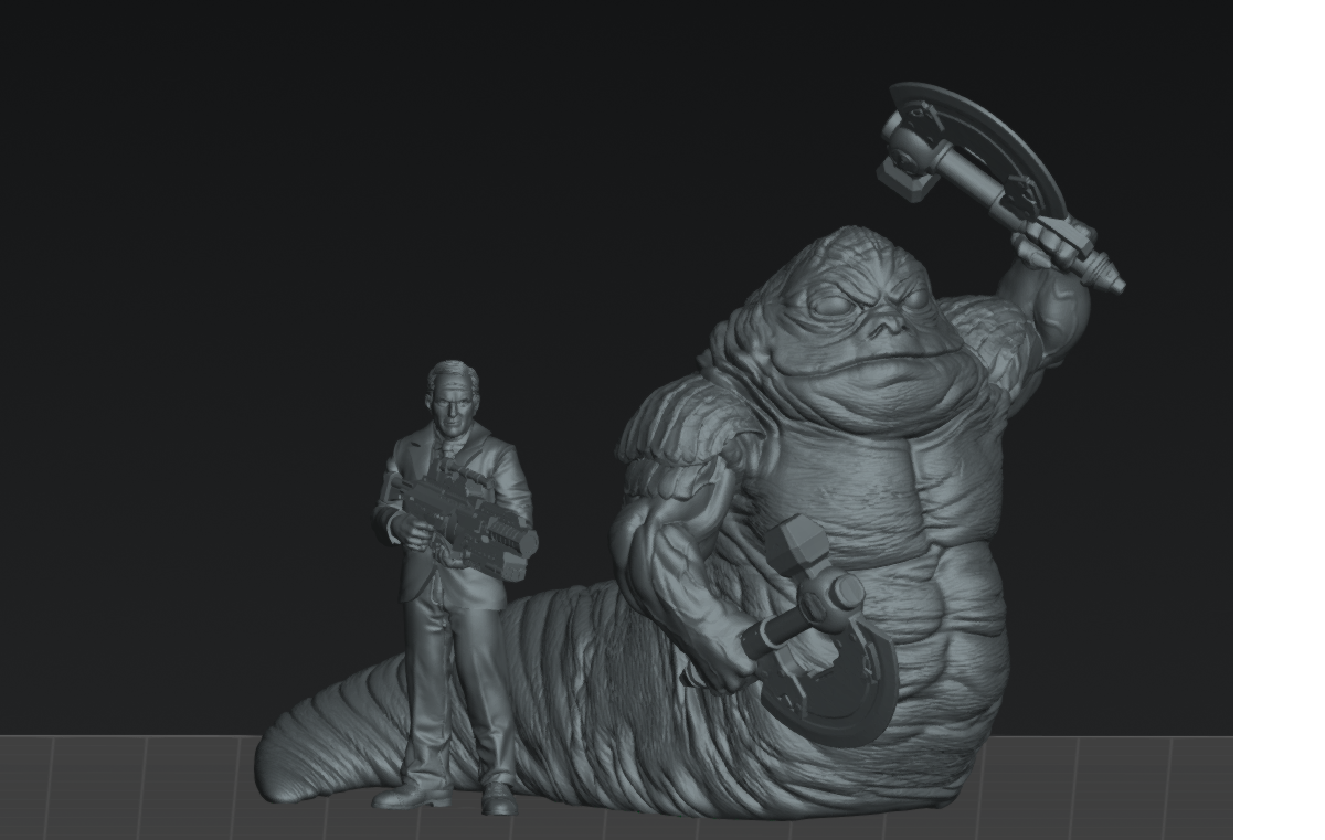 A 3D rendering of a large, monstrous creature with a human-like appearance, holding a weapon and standing next to a smaller human figure.