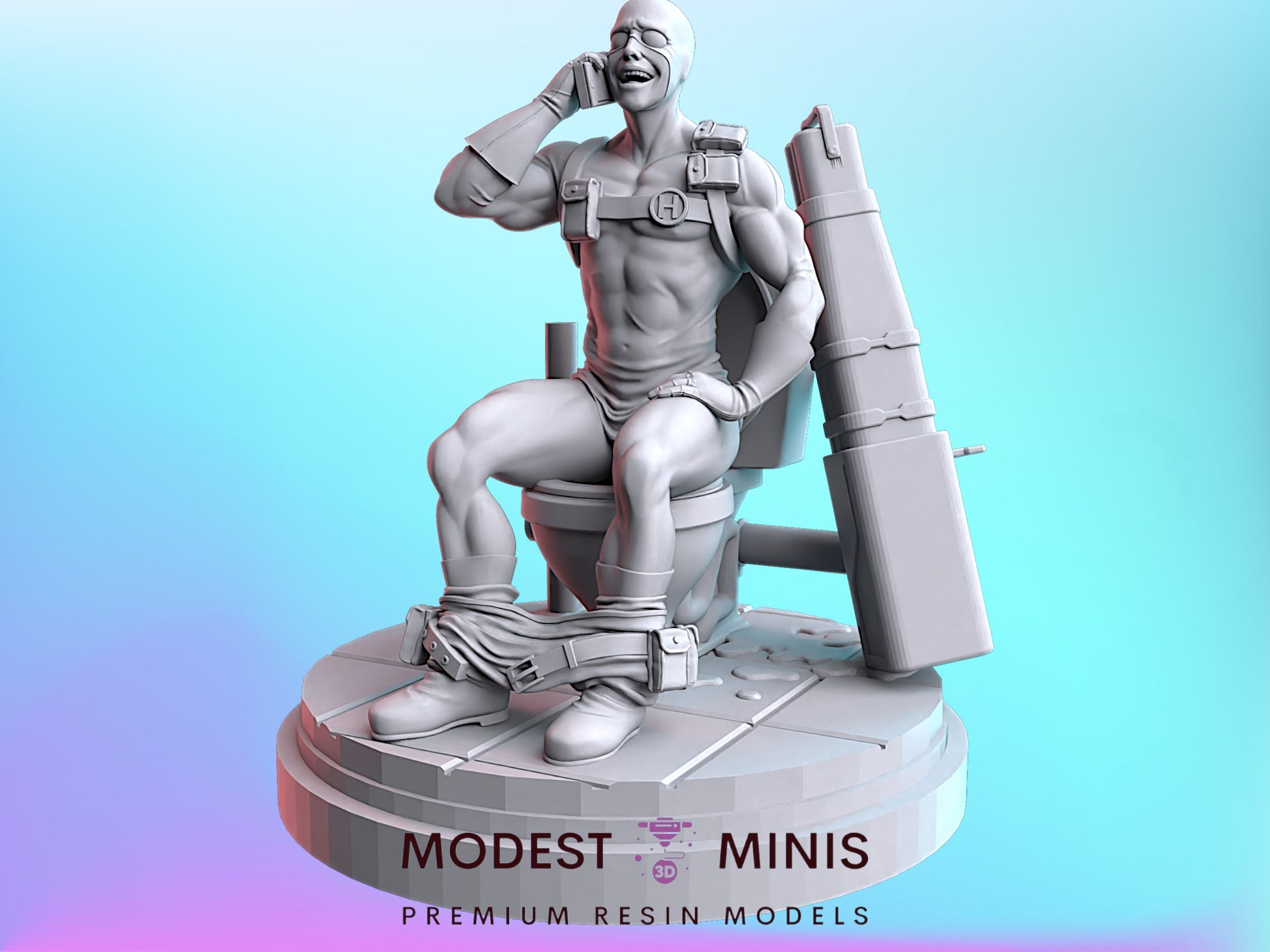 A 3D model of a muscular man sitting on a toilet, holding a phone to his ear, with a large object next to him.