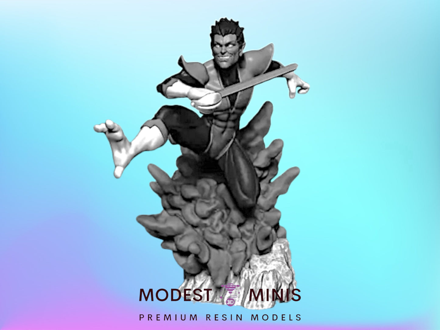 A black and white 3D model of a character in action, with a dynamic pose and a sword in hand.