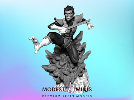 A black and white 3D model of a character in action, with a dynamic pose and a sword in hand.